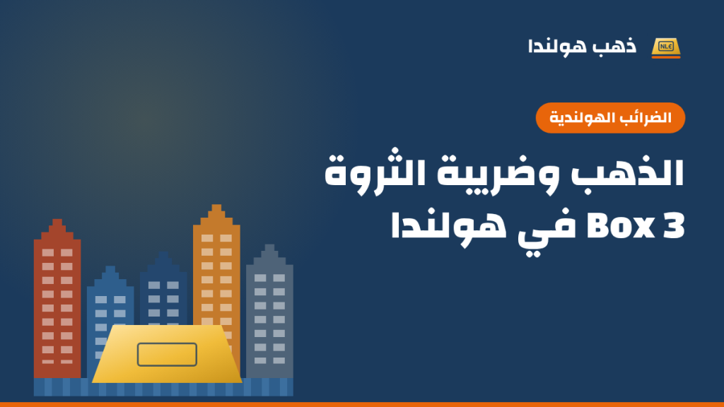 رسم توضيحي بألوان ذهب هولندا: صف من بيوت القنوات الهولندية الملونة أمامها سبيكة ذهب، مع عنوان المقال «الذهب وضريبة الثروة Box 3 في هولندا»